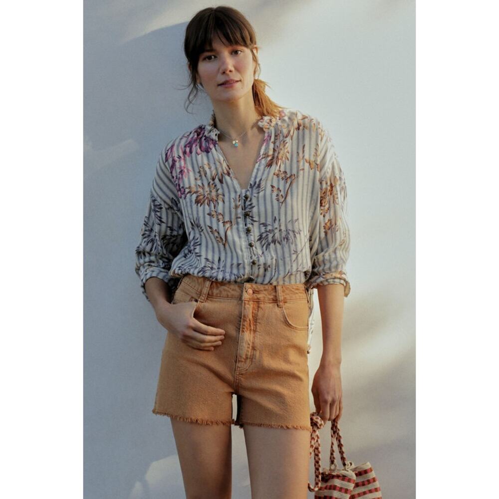 Anthropologie Pilcro Orange Ochre High-Rise Slim Denim Jean Raw Hem Shorts 27